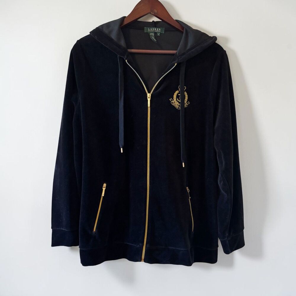 Lauren Ralph Lauren Black Velour Zip Up Hoodie Gold Crest Logo Size XL